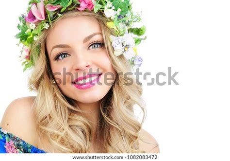 Young Woman Flowers Crown Beauty Model Stock Photo 1082083472