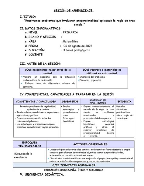 3 Matemática Sesión Regla DE TRES Simple SESIÓN DE APRENDIZAJE I