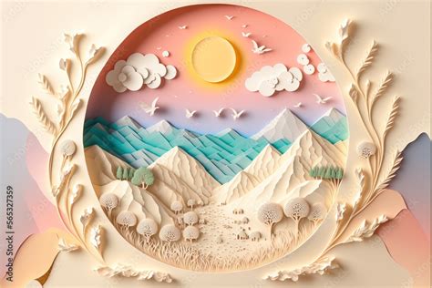 3D paper cut illustration paper. Vanilla fantasy world landscape ...