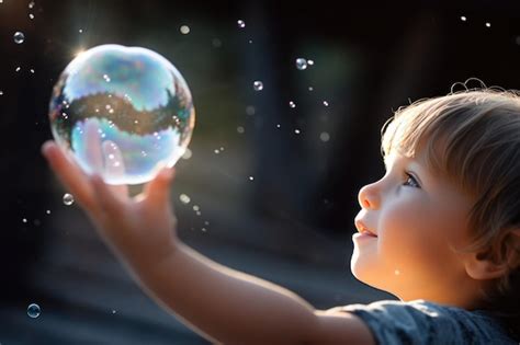 Niño sosteniendo pompas de jabón Foto Premium