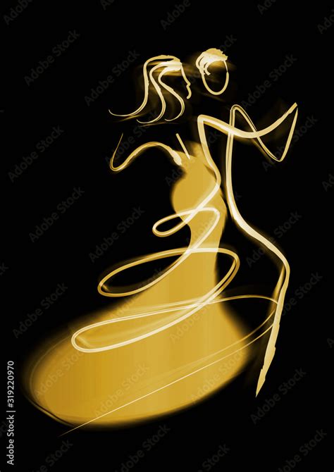 Balroom Dancers Couple Yellow Blurred Silhouettes Expressive Stylized