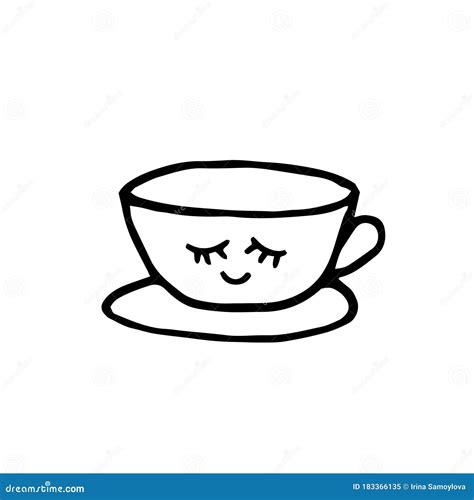 Cup With Eyes And Smile And Saucer Hand Drawn Element In Doodle Style