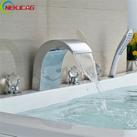 Luxury Widespread 5pcs Waterfall Bathtub Mixer Faucet Deck Mount Tub