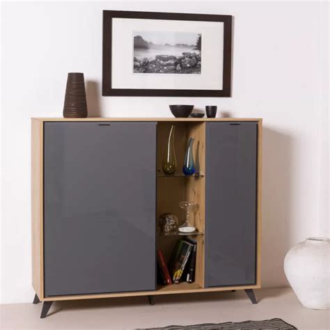 Credenza X H Cm Rovere Artisan E Grigio Titanio Lucido Con Ripiani