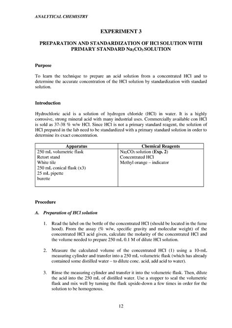 Lab Manual CHM256 EXPERIMENT 3 PREPARATION AND STANDARDIZATION OF HCl