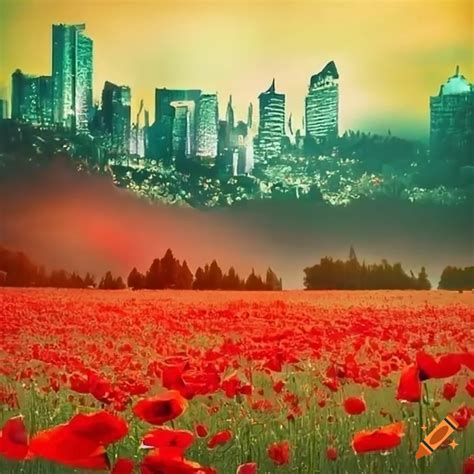 Poppy Field Landscape With Emerald City On The Horizon On Craiyon