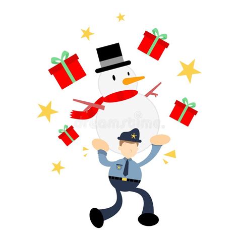 Police Officer Pick Snowman Merry Christmas Cartoon Doodle Flat Design