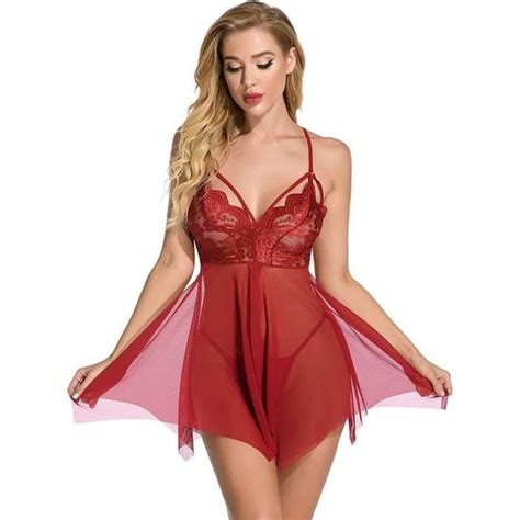 Femme Nuisette Nuit De Noce Babydoll Lingerie Sexy En Dentelle Maille