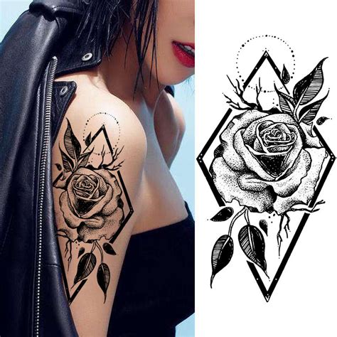 Cheap 1pc 3d Black Rose Temporary Tattoos Beautiful Black Pencil Sketch