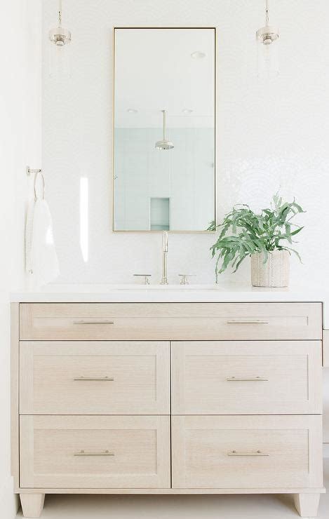 Limed Oak Washstand With Rectangular Brass Mirror Transitional Bathroom