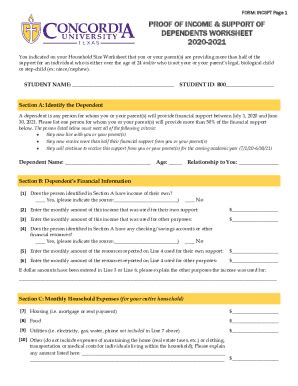 Fillable Online Proof Of Income Support Of Dependents Worksheet Fax