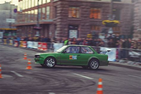 Automobile Slalom and Drift Competitions in the City Center, Car on the ...