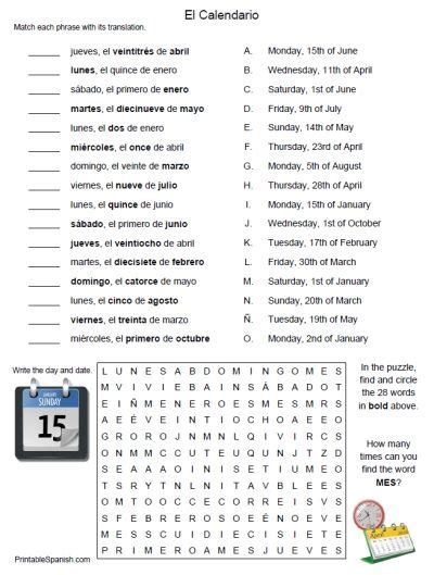 Printable Spanish Freebie Of The Day El Calendario Worksheet From