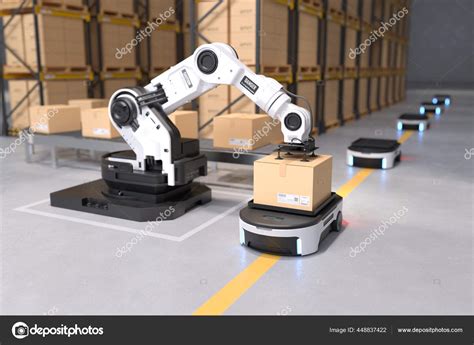 Robot Arm Picks Box Autonomous Robot Transportation Warehouses