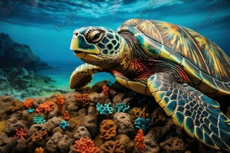 Colorful sea turtle over coral reef