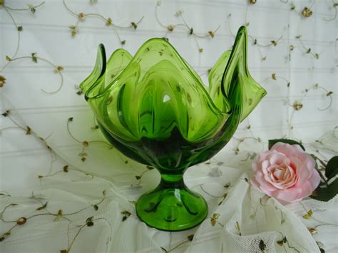 Vintage Green Glass Vase 1950s Handkerchief Style Vase Glass Pedestal Bowl Mid Century Home