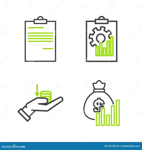 Set Line Money Bag And Diagram Graph Hand Clipboard With Chart And