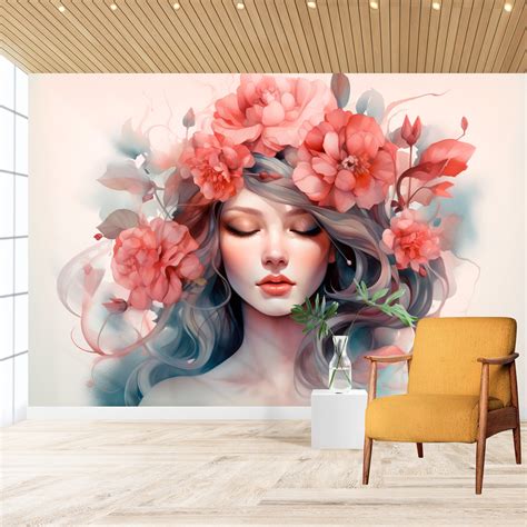 Woman and Flowers Watercolor Wallpaper for Beauty Salon and Hairdresser
