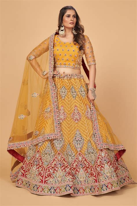 Buy Mustard Net Embroidered Lehenga Set Online Like A Diva