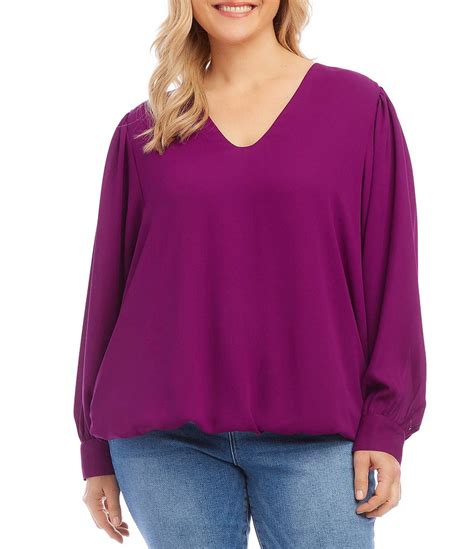 Karen Kane Plus Size Silky Crepe V Neck Long Puffed Sleeve Top Dillards