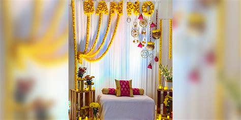 Classy White Curtain And Garland Haldi Decor Floral Party Decorations