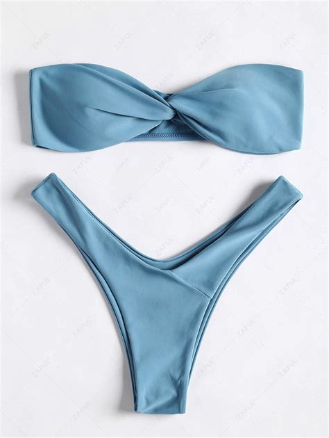 27 OFF 2021 Twist Front Bandeau Thong Bikini In LIGHT BLUE ZAFUL