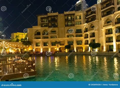 Night View Of Souk Al Bahar Lakeside Restaurants Dubai Uae Editorial