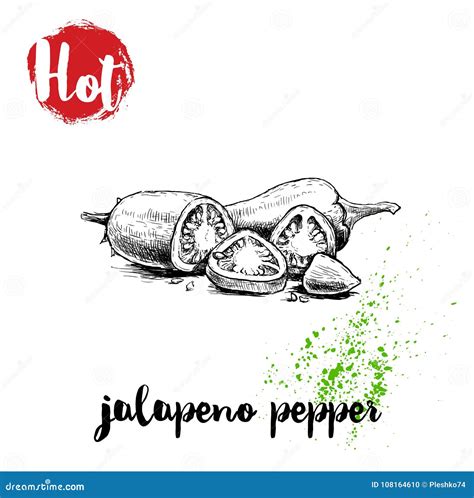 Hand Drawn Sketch Style Hot Jalapeno Pepper Whole And Cut Poster Red Label With Hot Sign Stock