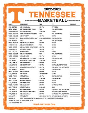 Printable 2022 2023 Tennessee Volunteers Basketball Schedule