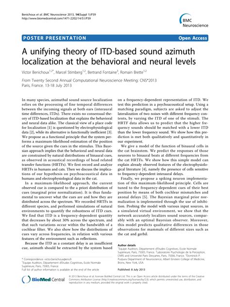 PDF A Unifying Theory Of ITD Based Sound Azimuth Localization At The