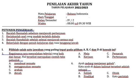 Soal Pat Bahasa Indonesia Kelas Kurikulum Merdeka Lengkap Kunci