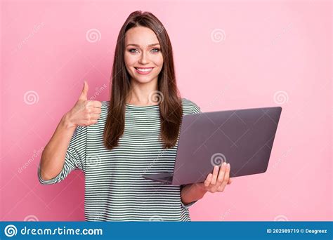 Portrait Of Optimistic Sweet Brunette Long Hair Lady Approval Laptop