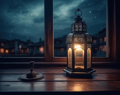 Premium AI Image Burning Glowing Lantern On Wooden Table Ramadan