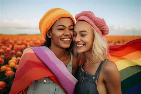 Premium AI Image A Beautiful Happy Gay Lesbian Couple With Rainbow Colors In A Flower Field