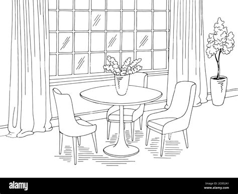 Dining Room Home Interior Graphic Black White Sketch Illustration