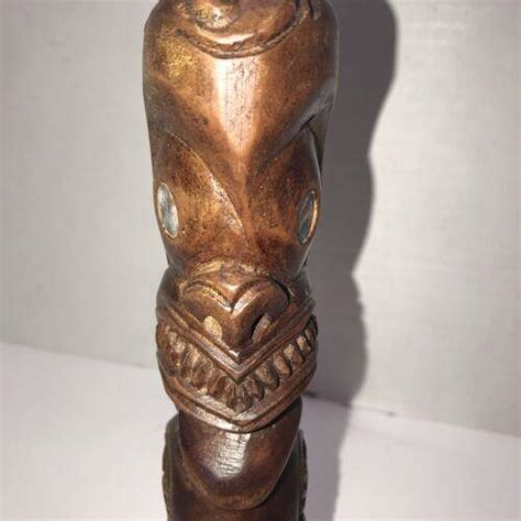 Maori Statue Tiki Totem Tekoteko Hand Carved Wood Abalone Eyes