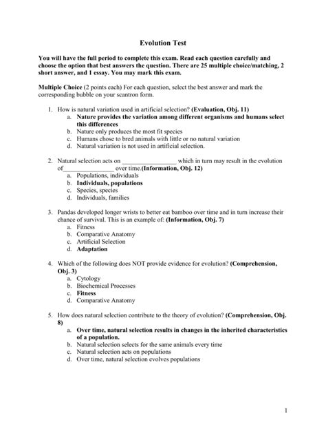 Evolution Test Answers