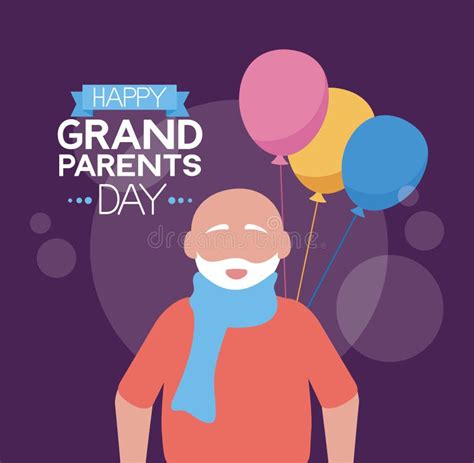 Grandpa With Balloons And A Cute Girl With A Box Of Gifts In Cartoon