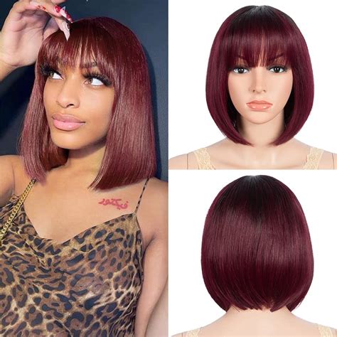 Amazon JOEDIR HAIR Bob Human Hair Wig With Bangs Ombre Red TT1B