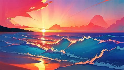 Premium Vector | Beautiful sea scenery or seascape at dusk or dawn hand ...