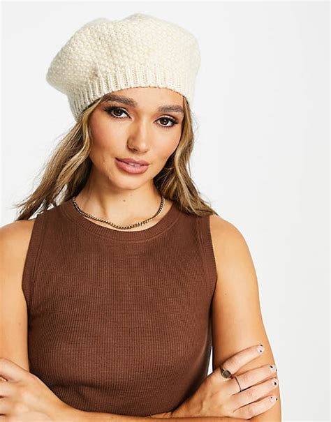 Asos Design Crochet Knit Beret In Cream Asos