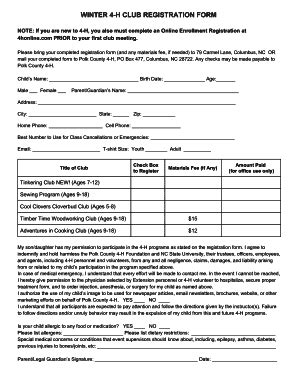 Fillable Online WINTER 4 H CLUB REGISTRATION FORM Fax Email Print