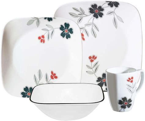 Corelle Mandarin Flower Square Round 16 Piece Dinnerware Set Service