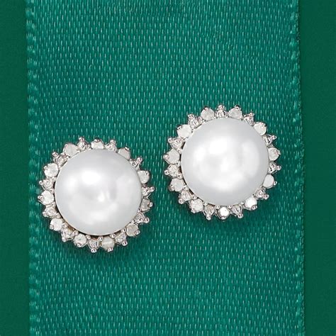 7 7 5mm Cultured Button Pearl And 13 Ct T W Diamond Stud Earrings In