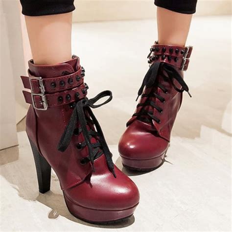 Platform Thick With High Hell Round Toe Buckle Lace Up Ankle Pu Leather Designer Brand Women