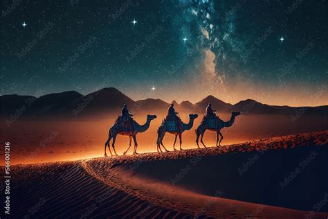 Three Camels Walking In The Desert At Night With The Stars In The Sky