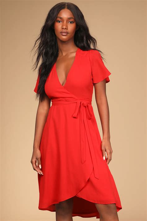 Bright Red Wrap Dress Midi Wrap Dress Midi Dress Lulus