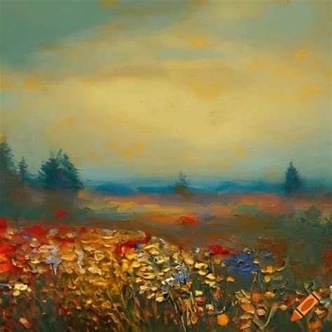 Wildflower Field Landscape Oil Painting In The Foreground Many Flowers