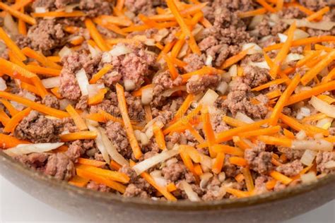 Fried The Minced Meat Onion And Carrot On Frying Pan Stock Image