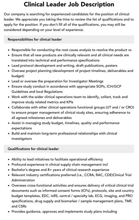 Clinical Leader Job Description Velvet Jobs